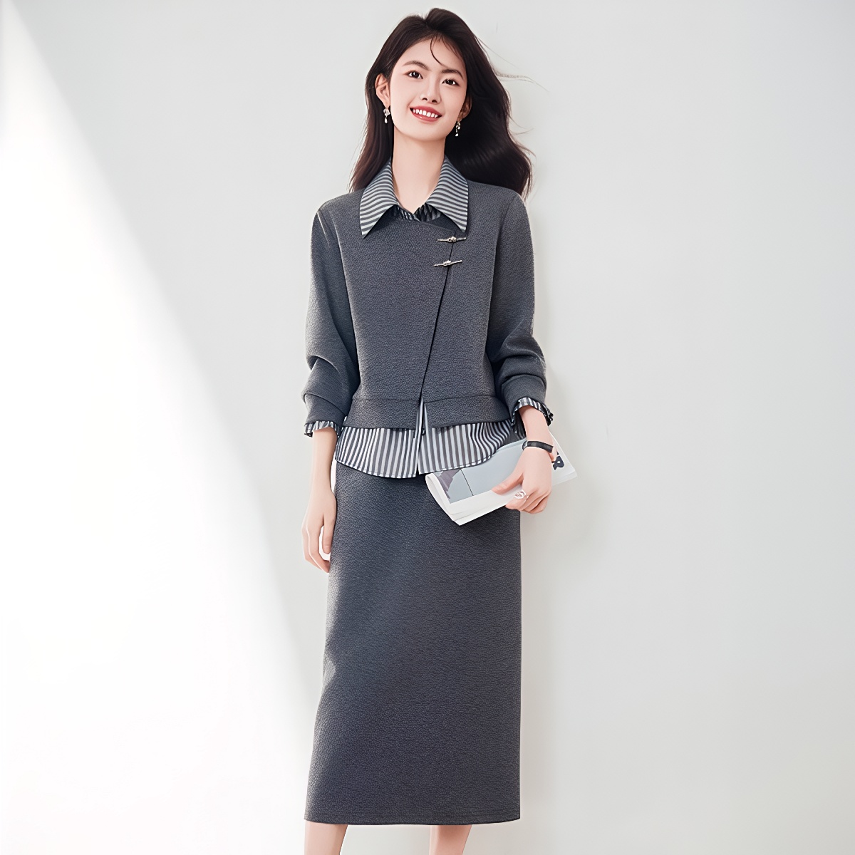 Women’s Two-Piece Sweatshirt and Skirt Set with Faux-Layered Design