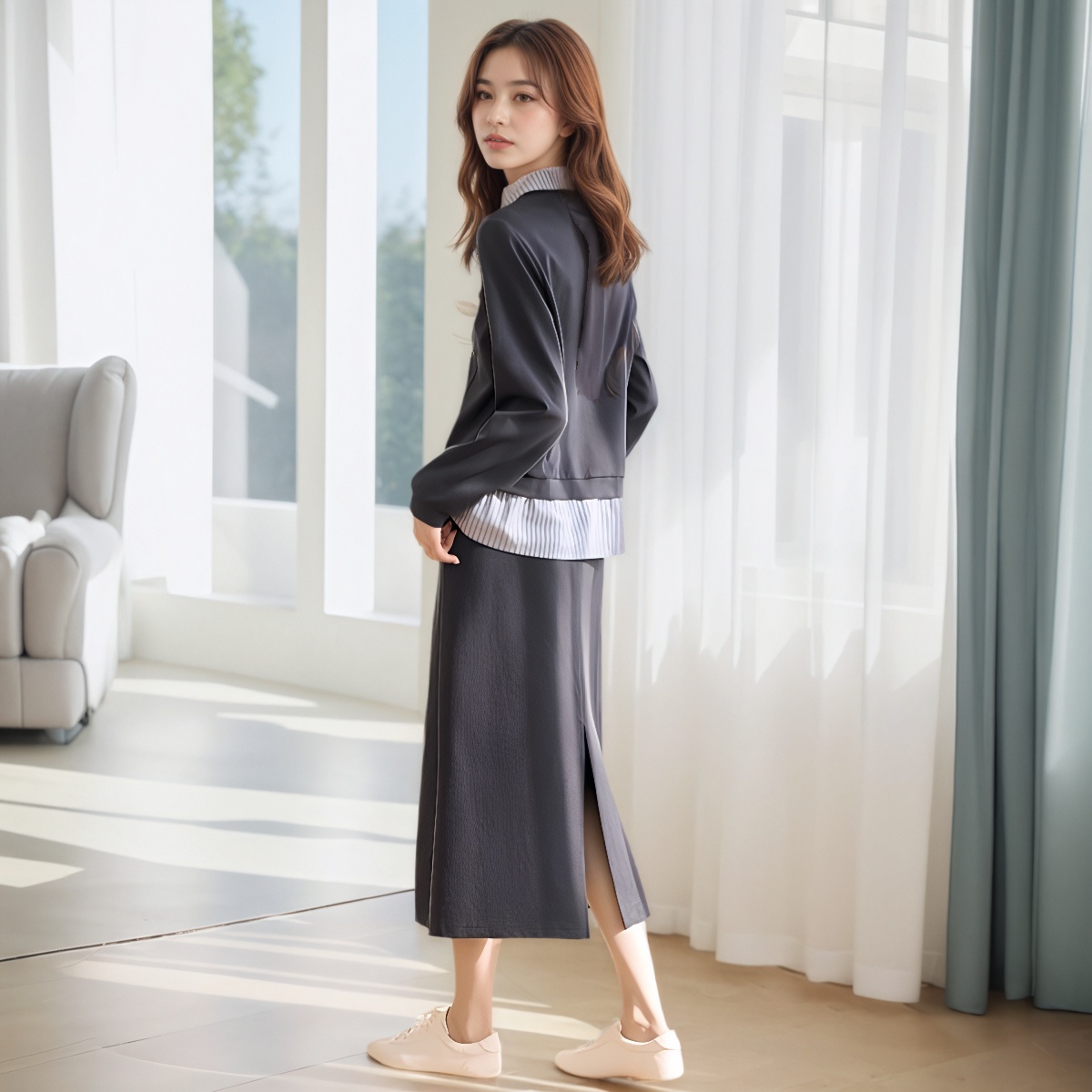 Faux Two-Piece Striped Patchwork Hoodie and Skirt Set Women Spring Autumn 2025 New Two-Piece High-End New Chinese Style