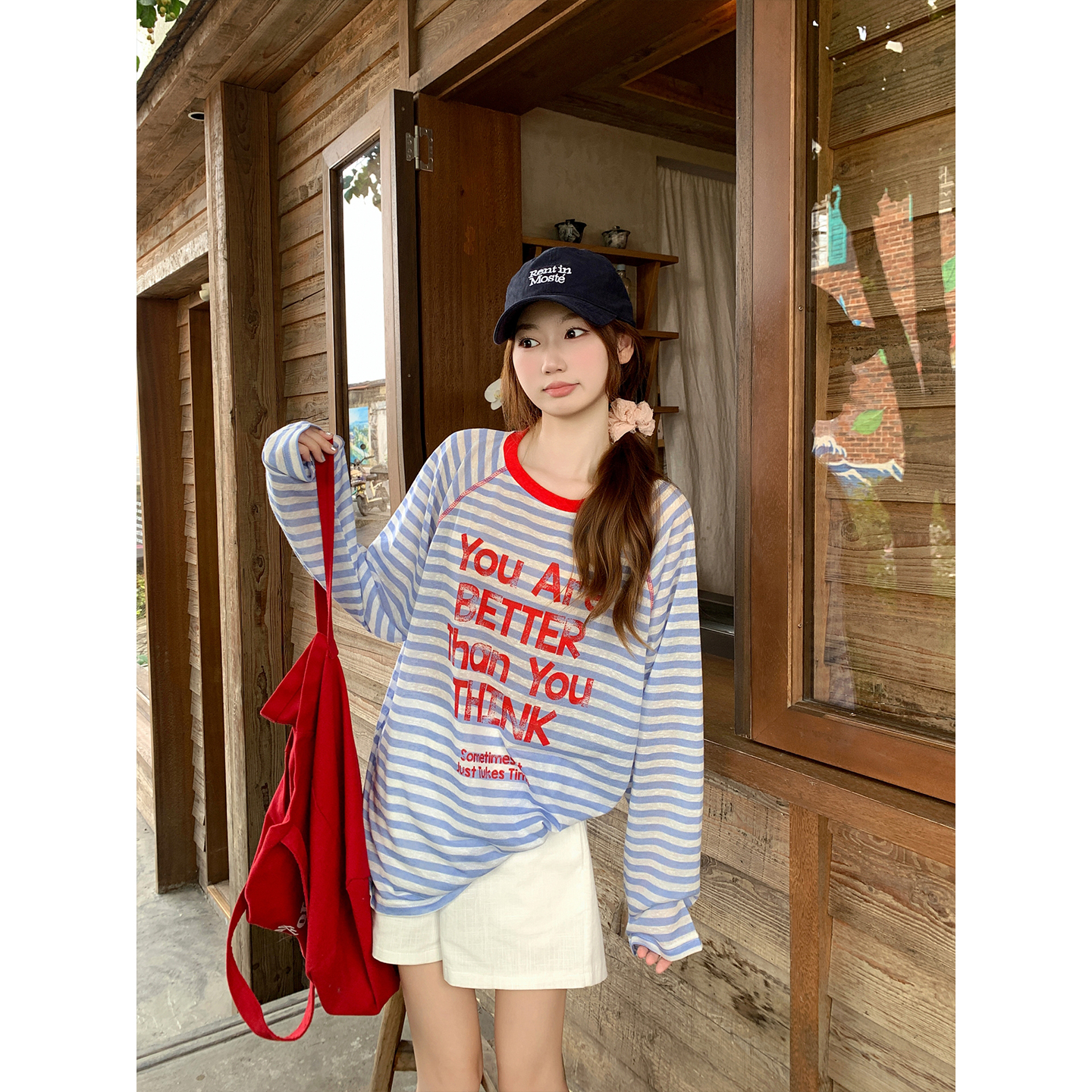 Korean Letter Print Striped Long Sleeve Sun Protection Shirt Women Summer New Round Neck Lightweight Top