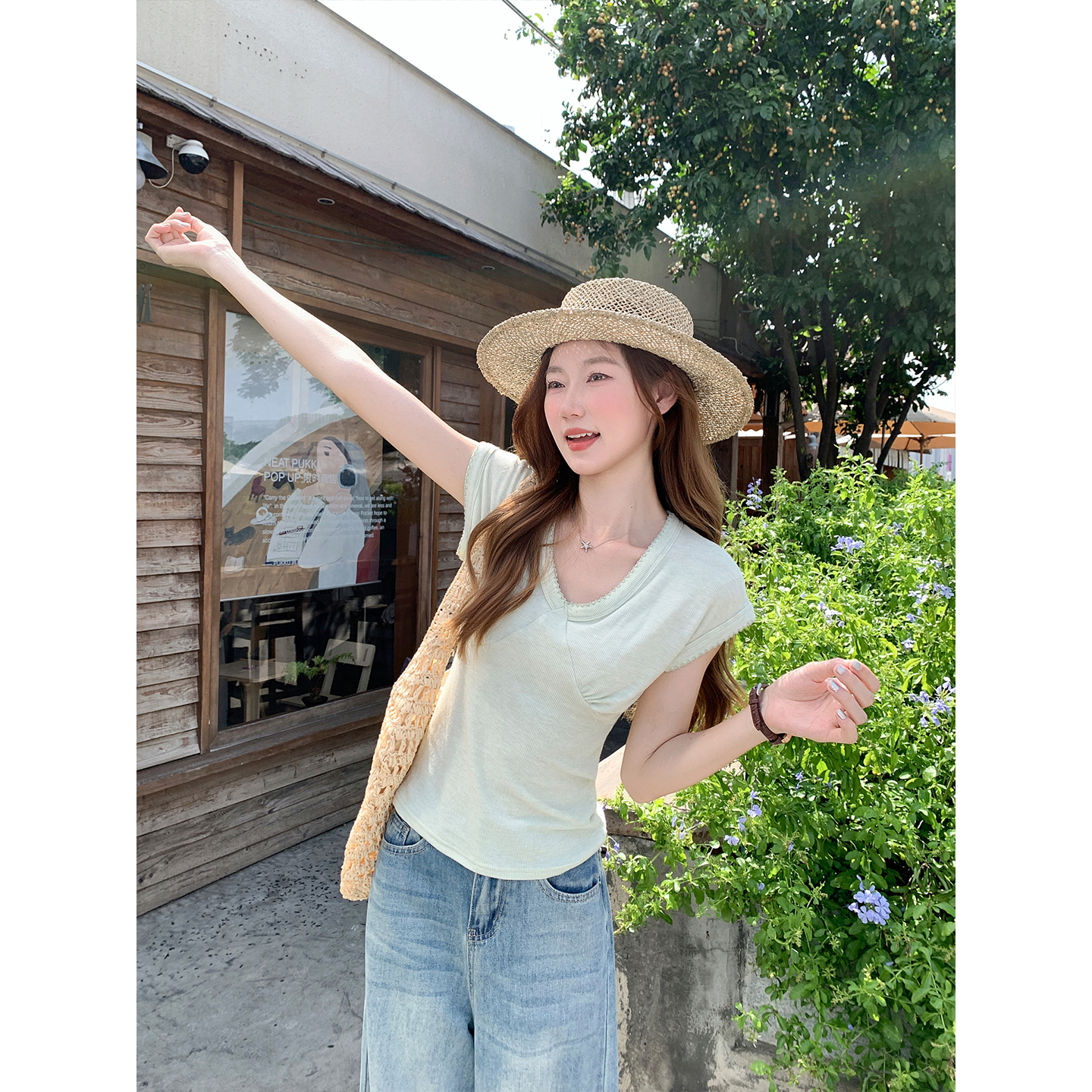 Mint Green V-Neck Sleeveless T-Shirt for Women Summer Korean Style Slim Fit Flutter Sleeve Top