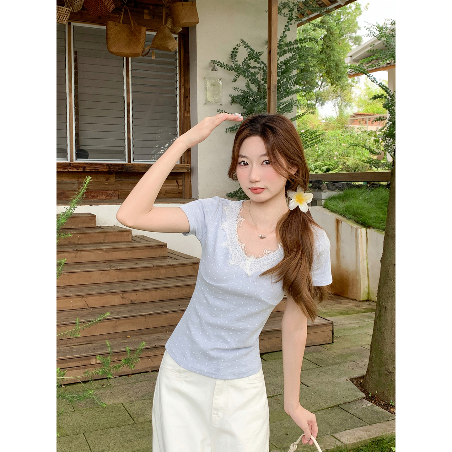 Korean Lace Patchwork V-Neck Short-Sleeve T-Shirt for Women Summer New Pure Desire Style Slimming Polka Dot Top