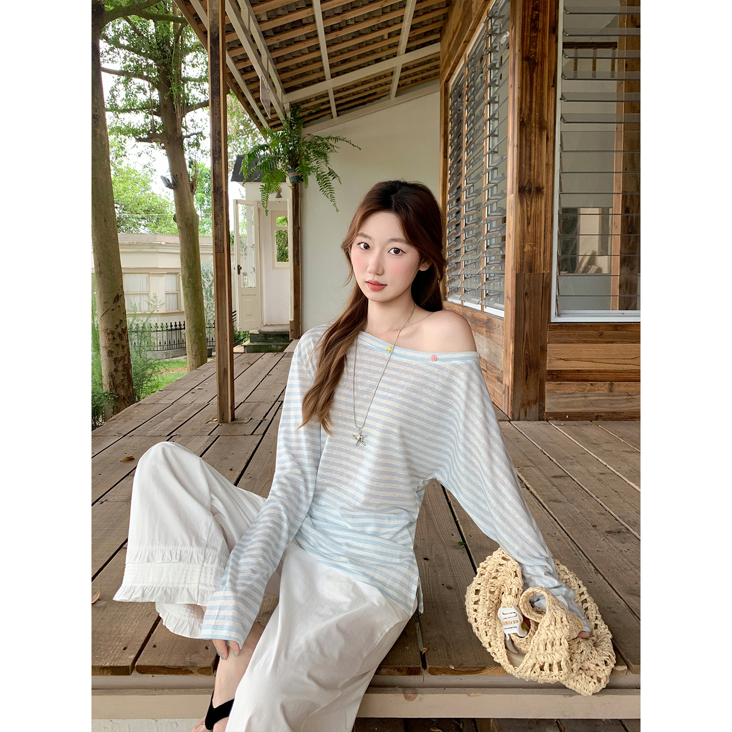 Women's Sheer Striped Long Sleeve Top with Asymmetric Off-Shoulder Neckline
