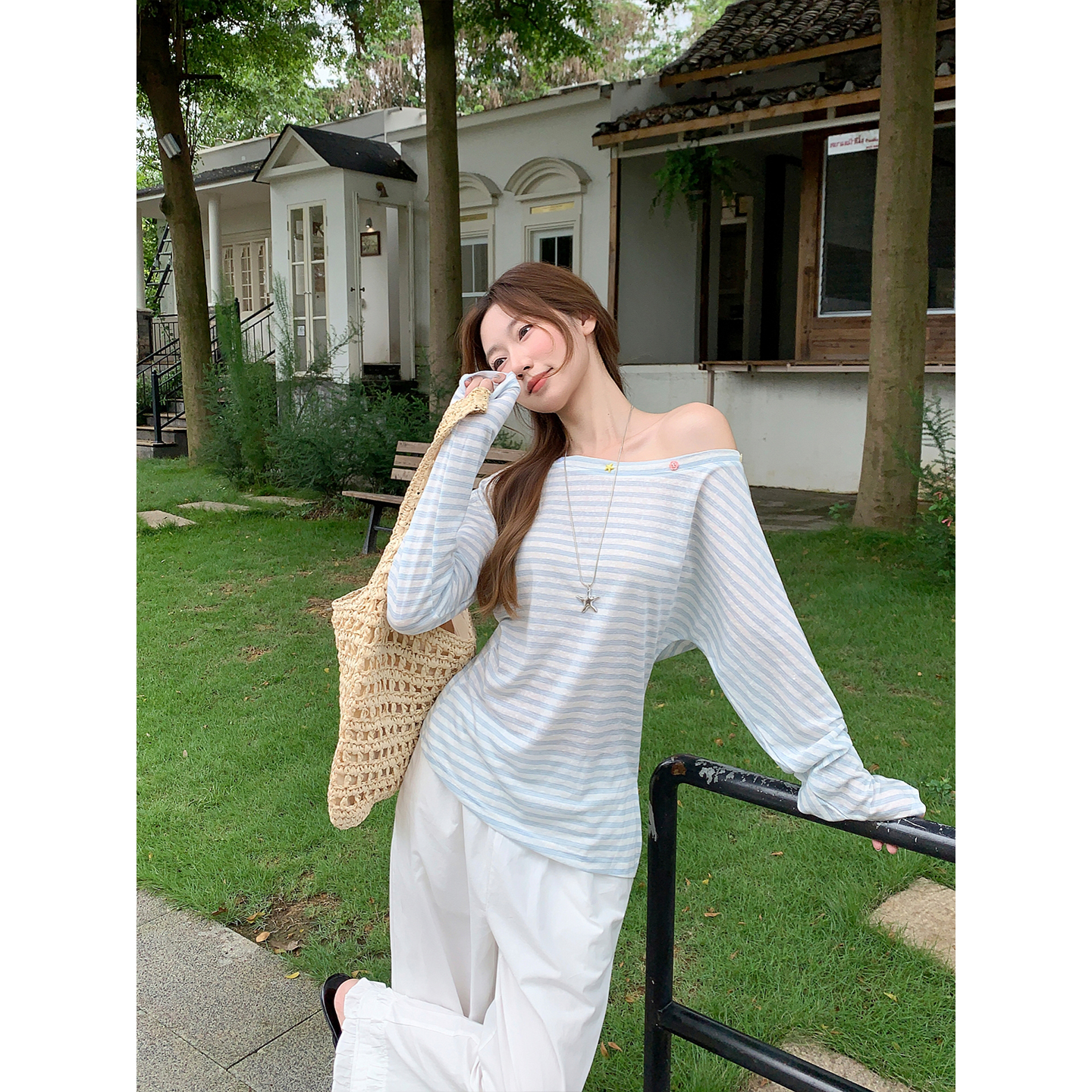 Women's Sheer Striped Long Sleeve Top with Asymmetric Off-Shoulder Neckline - Image 2