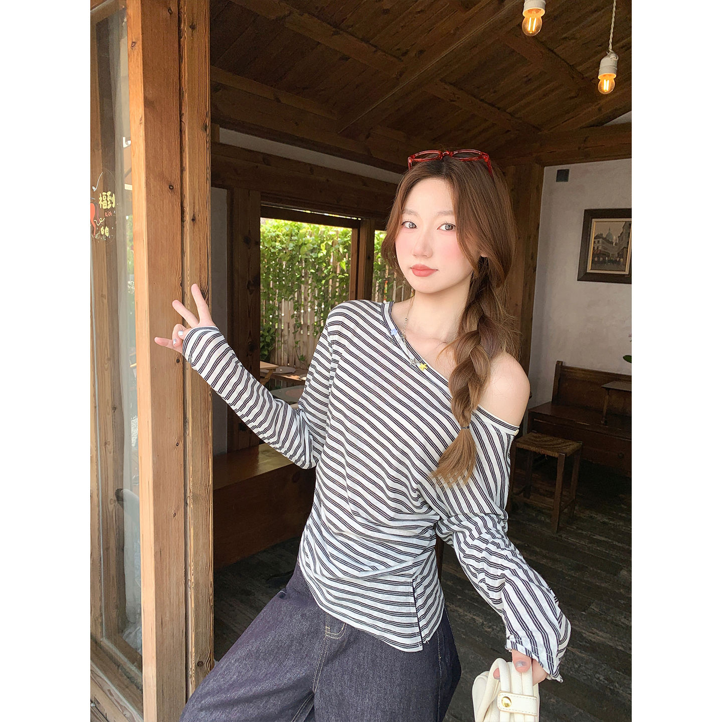 Women's Sheer Striped Long Sleeve Top with Asymmetric Off-Shoulder Neckline - Image 3