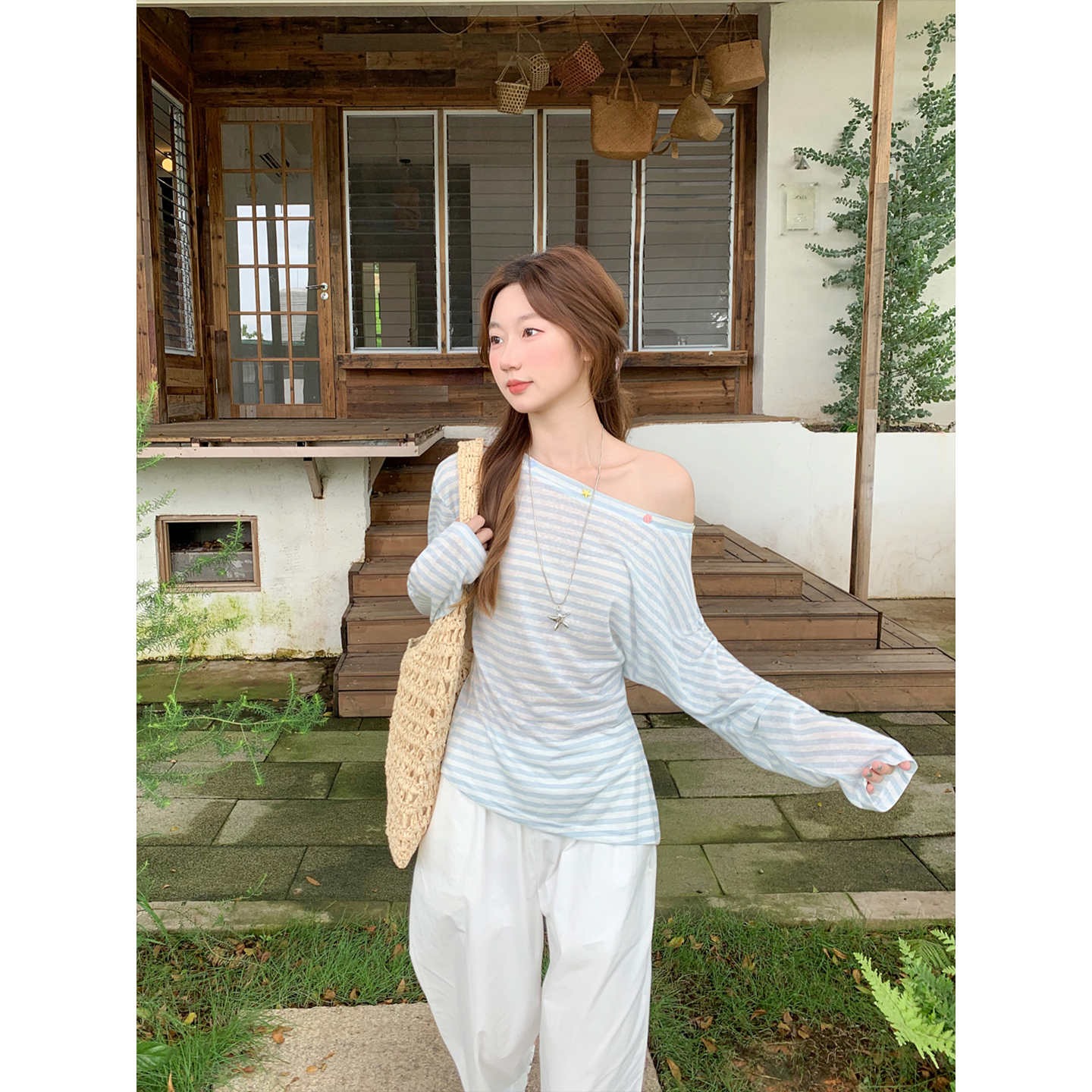 Women's Sheer Striped Long Sleeve Top with Asymmetric Off-Shoulder Neckline - Image 4