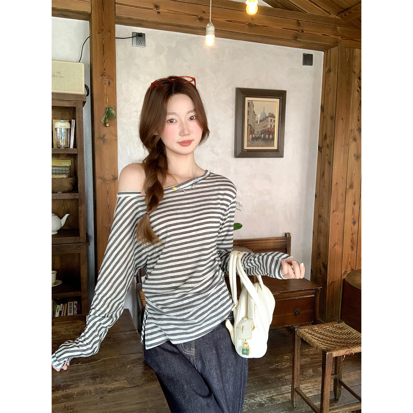 Women’s Off-Shoulder Long Sleeve Striped Slim Fit Sun Protection Top Summer