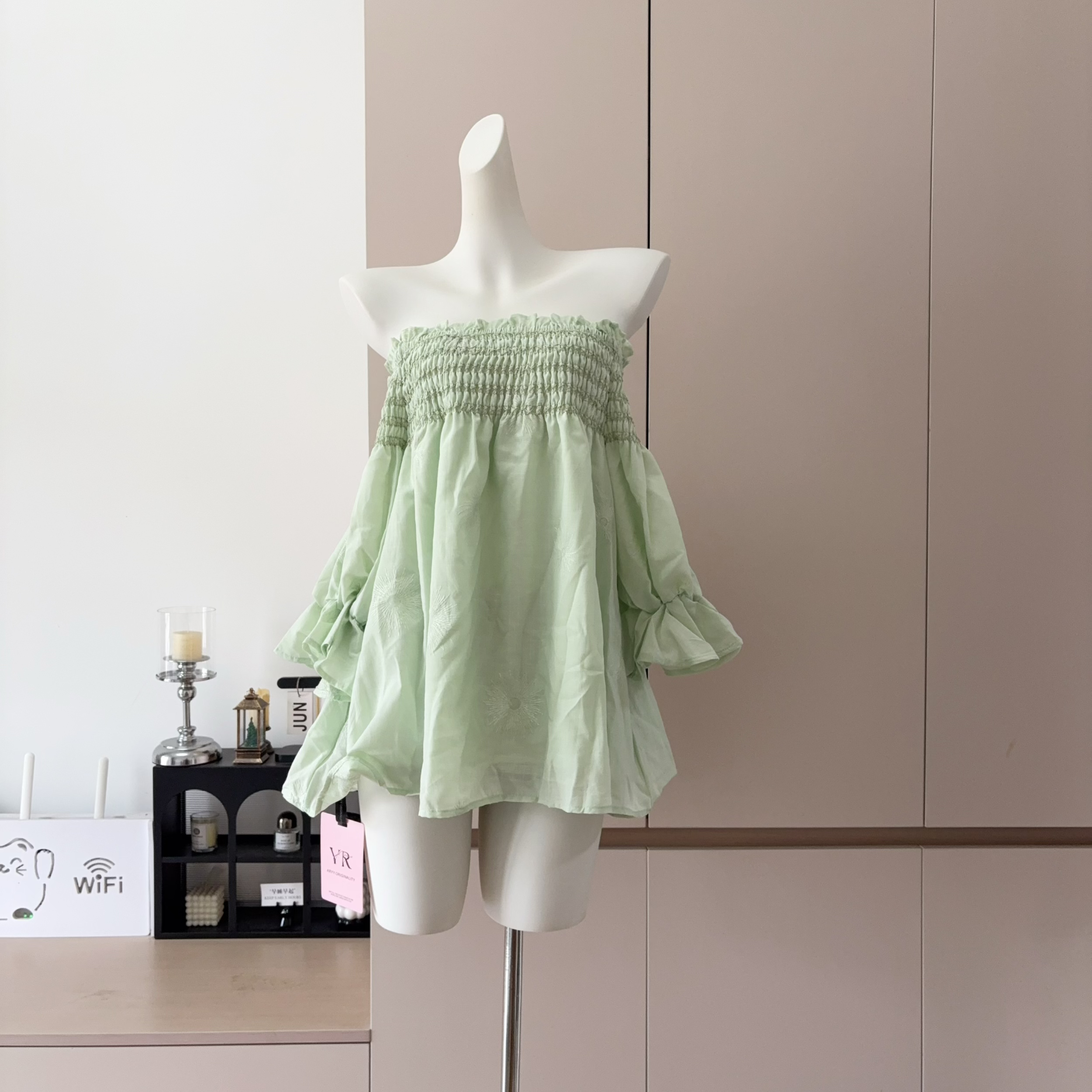 Women's Ramie Off-Shoulder Embroidered Ruffle Sleeve Top Summer Resort Style - Image 3
