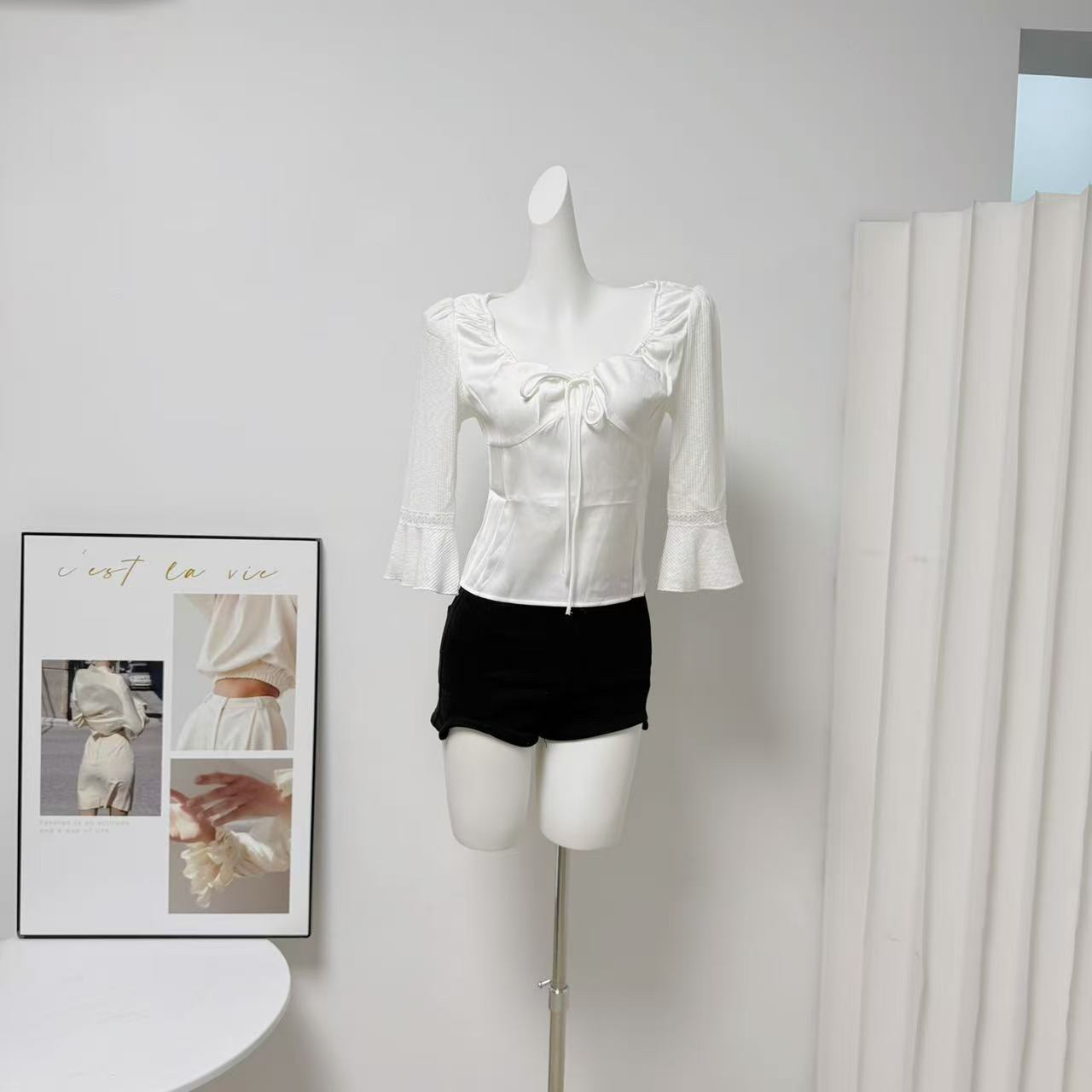 Jiang Wen Lilis Vintage Satin Large Round Neck Pleated Top Women Elegant Commute Chic Shirt