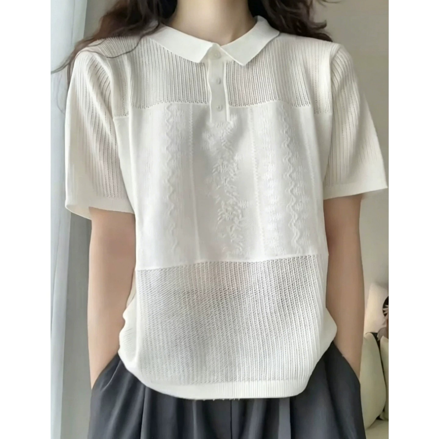 Women’s White Openwork Polo Neck Short Sleeve Knit Top French Style Casual Lightweight