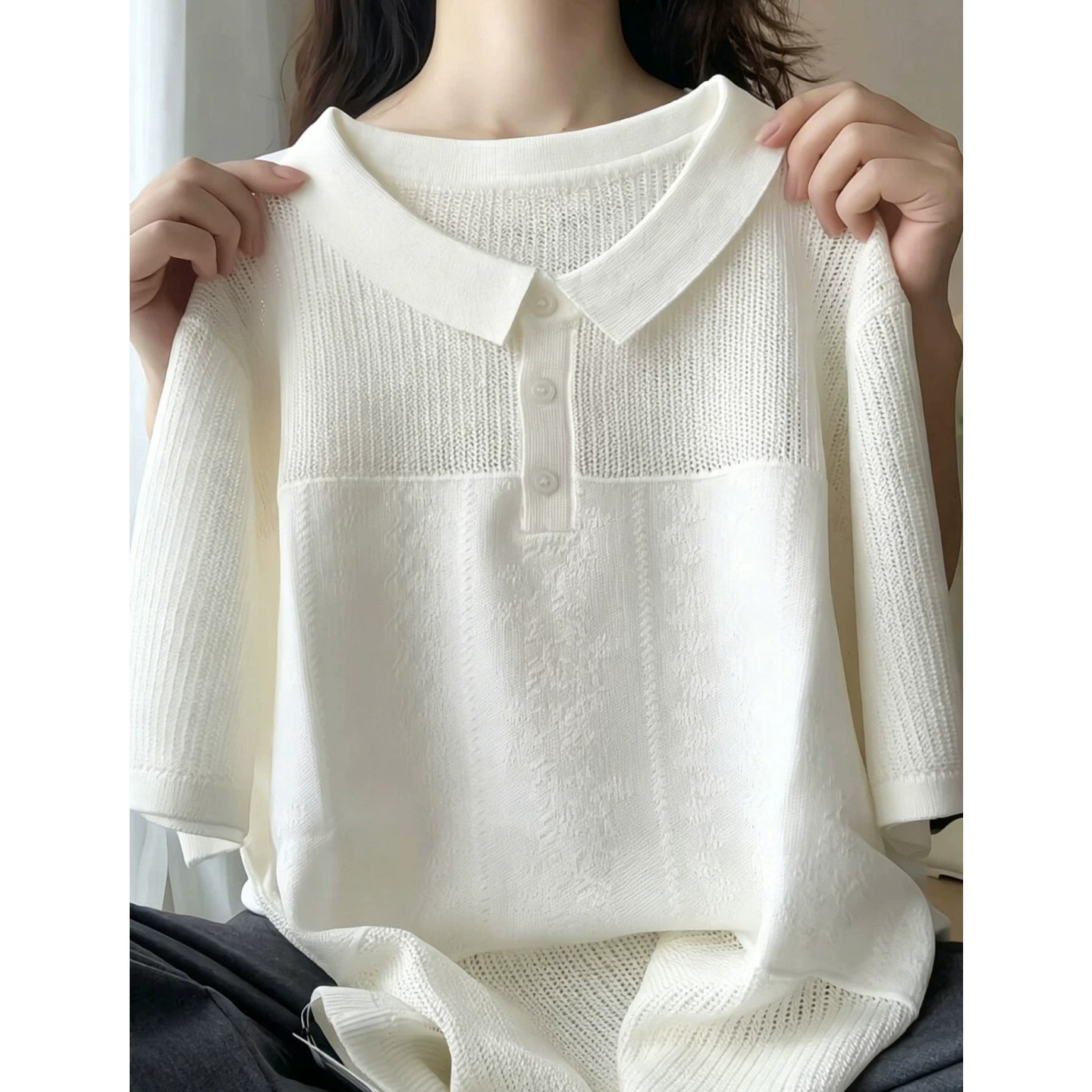 Women’s White Openwork Polo Neck Short Sleeve Knit Top French Style Casual Lightweight