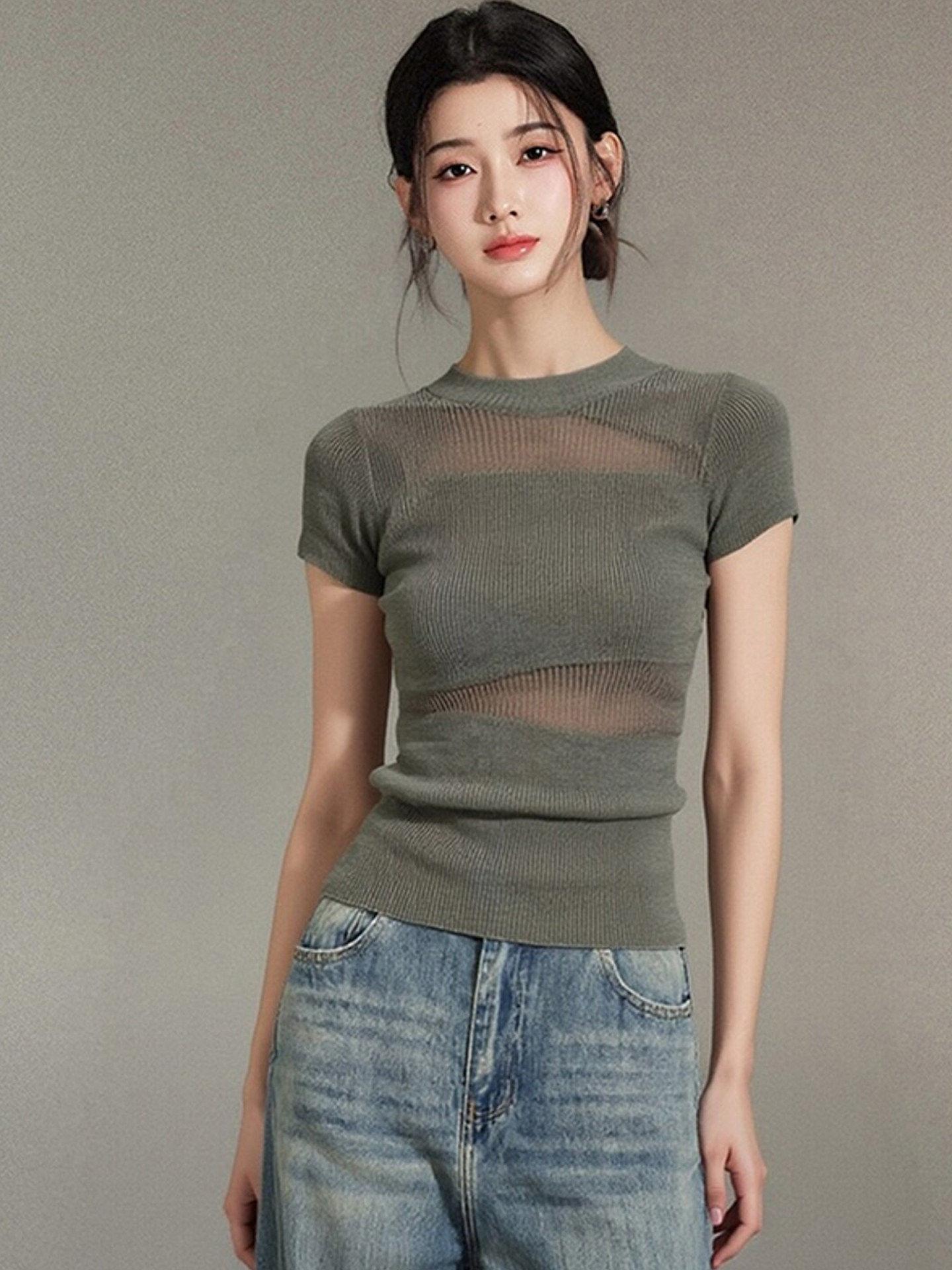 Green Spliced Shoulder Short Sleeve Knit Top for Women Summer Elegant T-Shirt