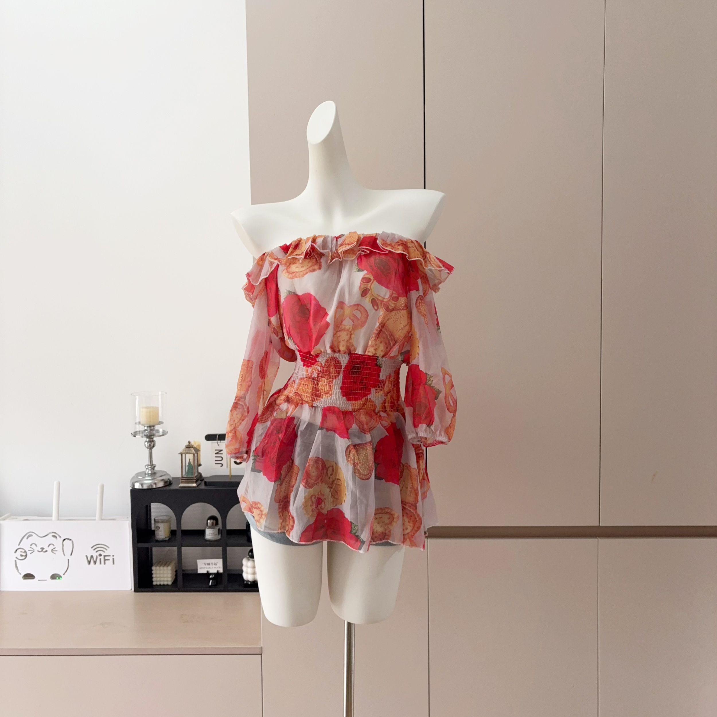 CHIC CLUB 2026 Summer Floral Off-Shoulder Top with Waist Cinch