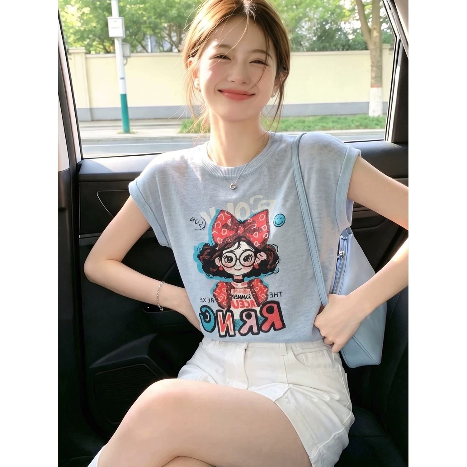Cartoon Girl Blue Knit Short Sleeve T-Shirt for Women Summer 2026 Flying Sleeve Top