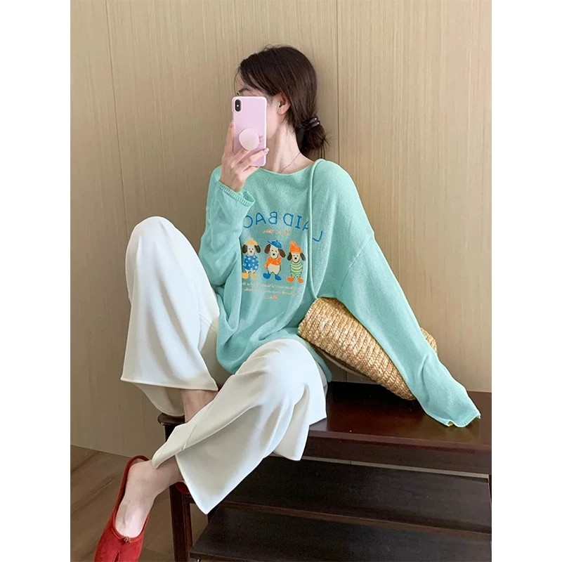 Korean Style Loose Blue Dog Print Long Sleeve Knit Top for Women 2026 Summer