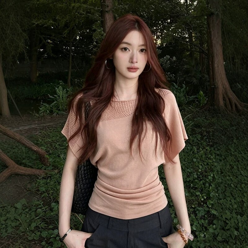 Women’s French Off-Shoulder Cutout Ice Silk Knit Short Sleeve T-Shirt Summer Slim Waist Pink Batwing Top