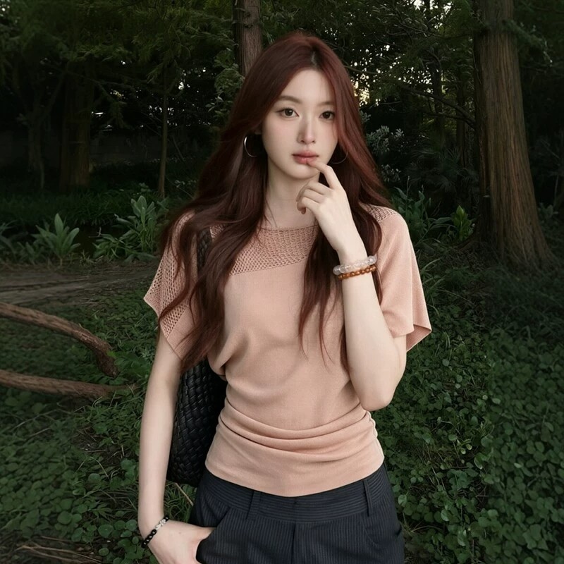 Women’s French Off-Shoulder Cutout Ice Silk Knit Short Sleeve T-Shirt Summer Slim Waist Pink Batwing Top