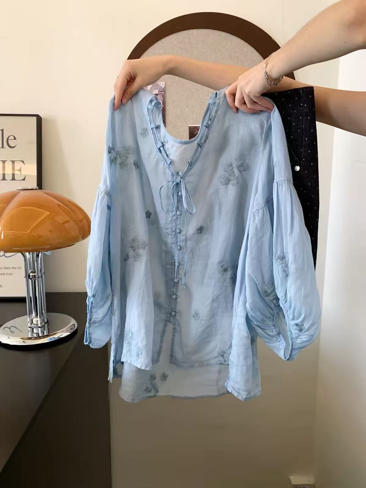 Loose Fit Blue V-Neck Lace-Up Long Sleeve Embroidered Shirt for Women