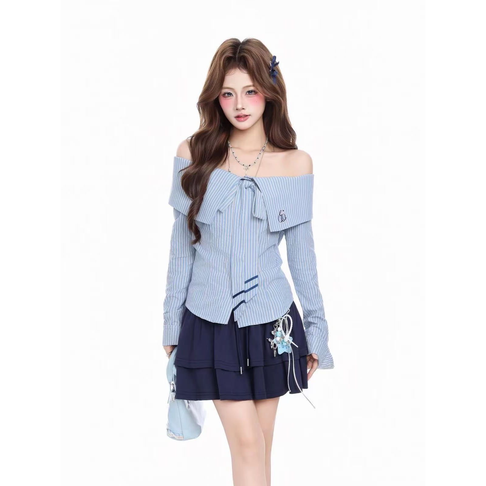 Korean Sweet Bow Off-Shoulder Shirt for Women Autumn Long Sleeve Waist-Fitted Pure Polyester Blouse