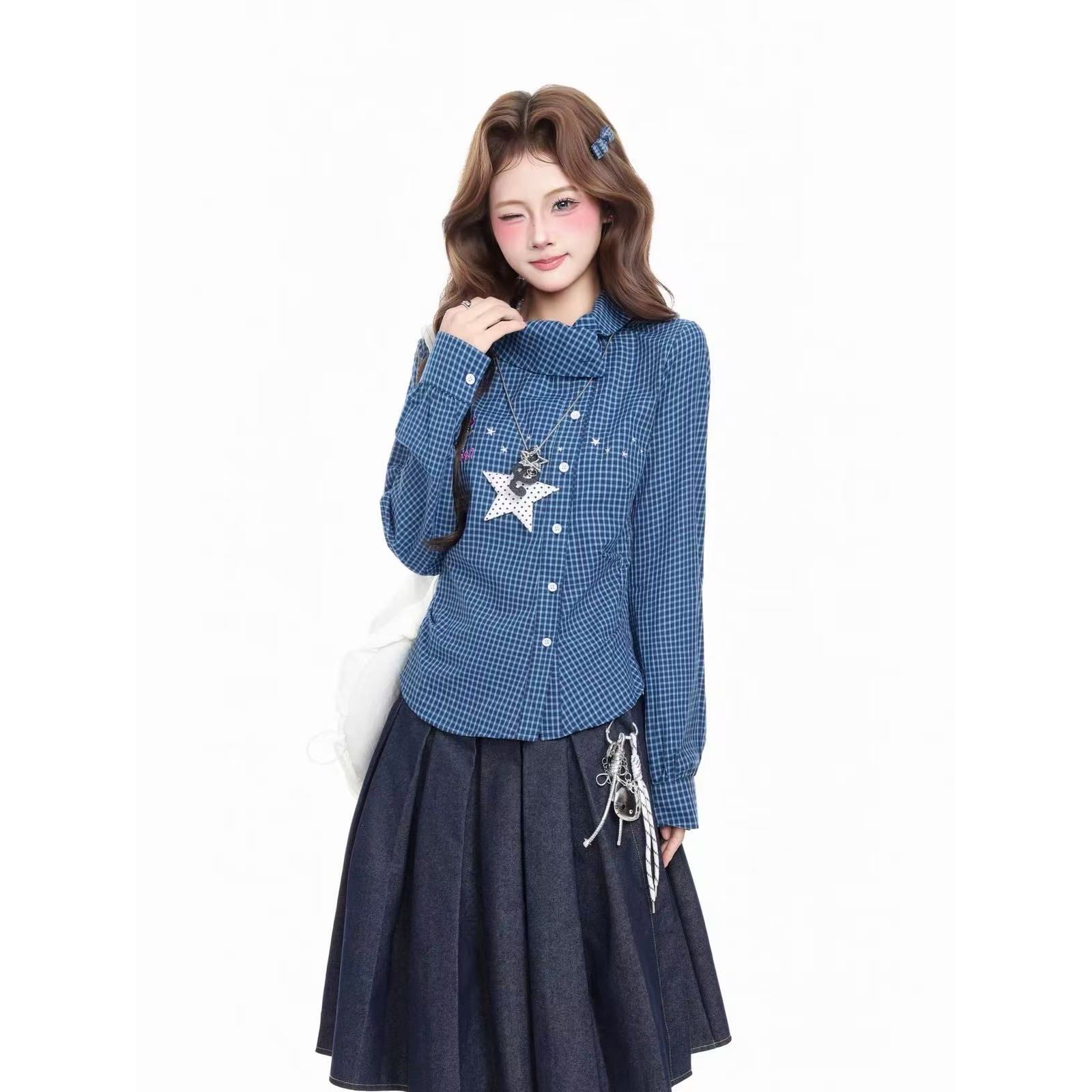 Women’s Plaid Star Print Long Sleeve Cotton Shirt with Asymmetric Lapel and Waist-Cinching Slim Fit for Fall