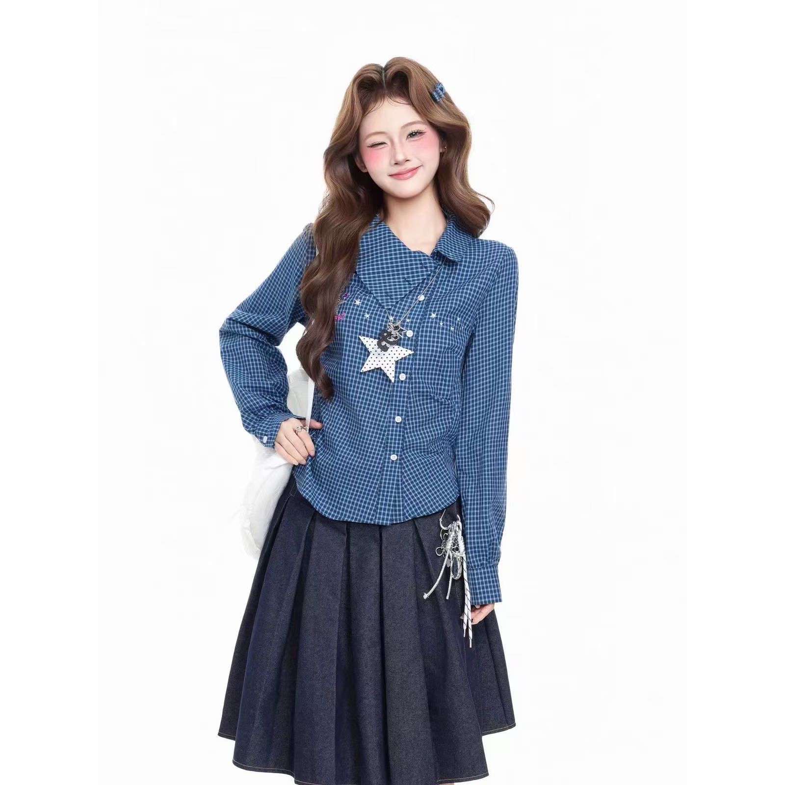 Women’s Plaid Star Print Long Sleeve Cotton Shirt with Asymmetric Lapel and Waist-Cinching Slim Fit for Fall