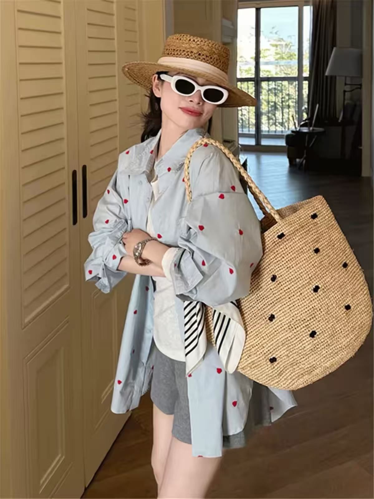 Women’s Blue Heart Embroidered Shirt 2026 Spring Autumn Korean Style Loose Casual Long Sleeve Sun Protection Top