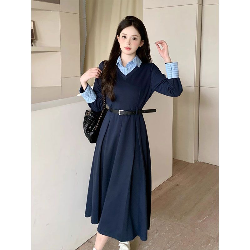 Korean Style Faux Two-Piece Long Sleeve Dress for Women 2026 Autumn