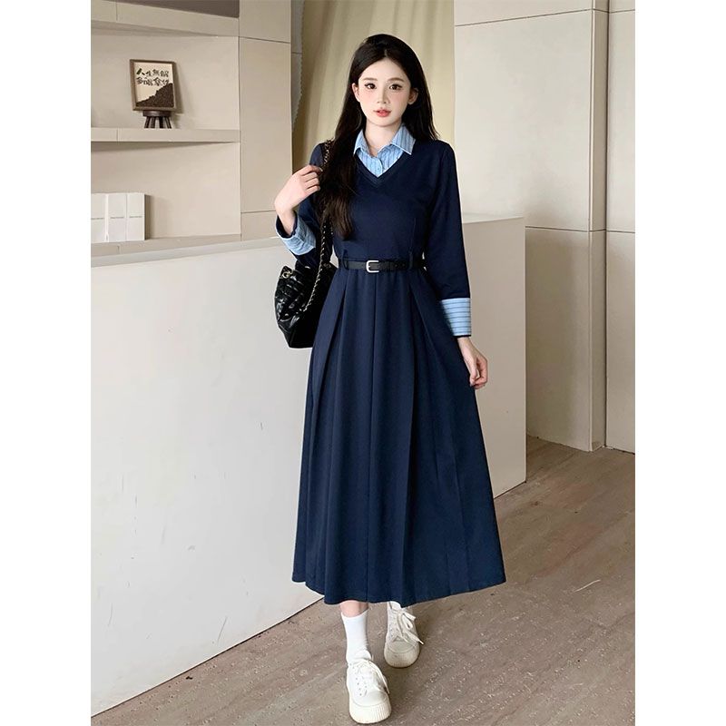 Korean Style Faux Two-Piece Long Sleeve Dress for Women 2026 Autumn
