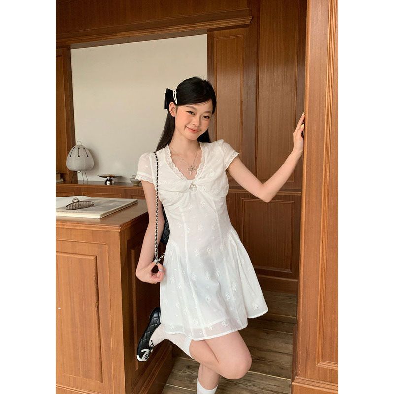 Women’s V-Neck A-Line Short Dress Korean Style Slim Waist Summer