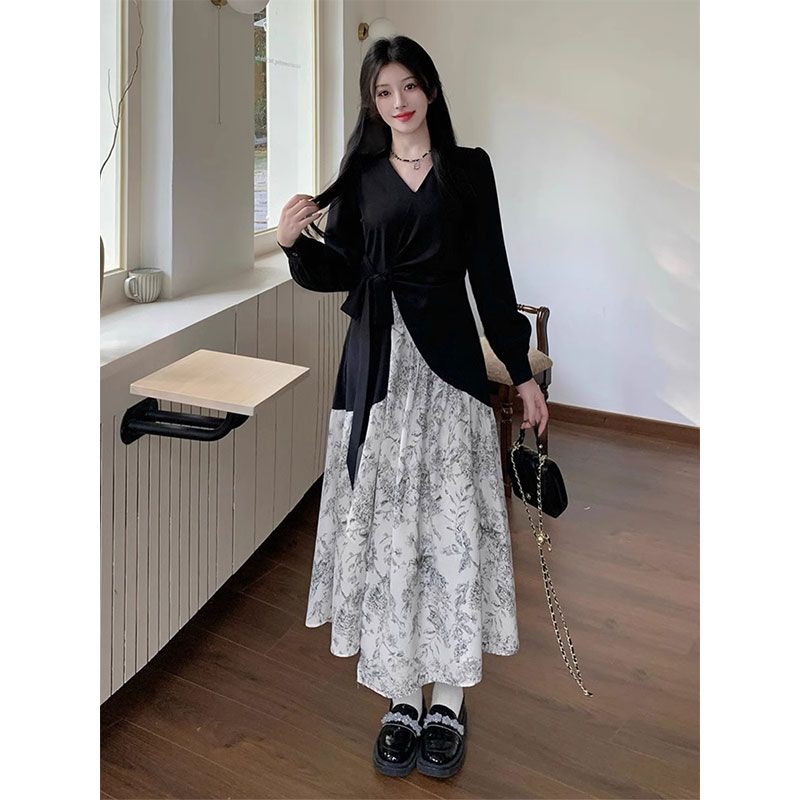 Peacock Print Faux Two-Piece French Long Dress with Zipper and Watercolor Splice