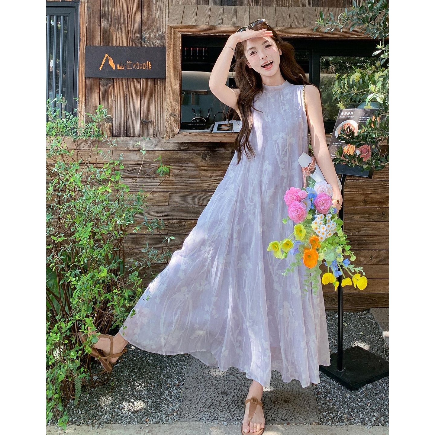 Women’s Chiffon Floral Print Sleeveless Halter Neck Long Dress with Lining