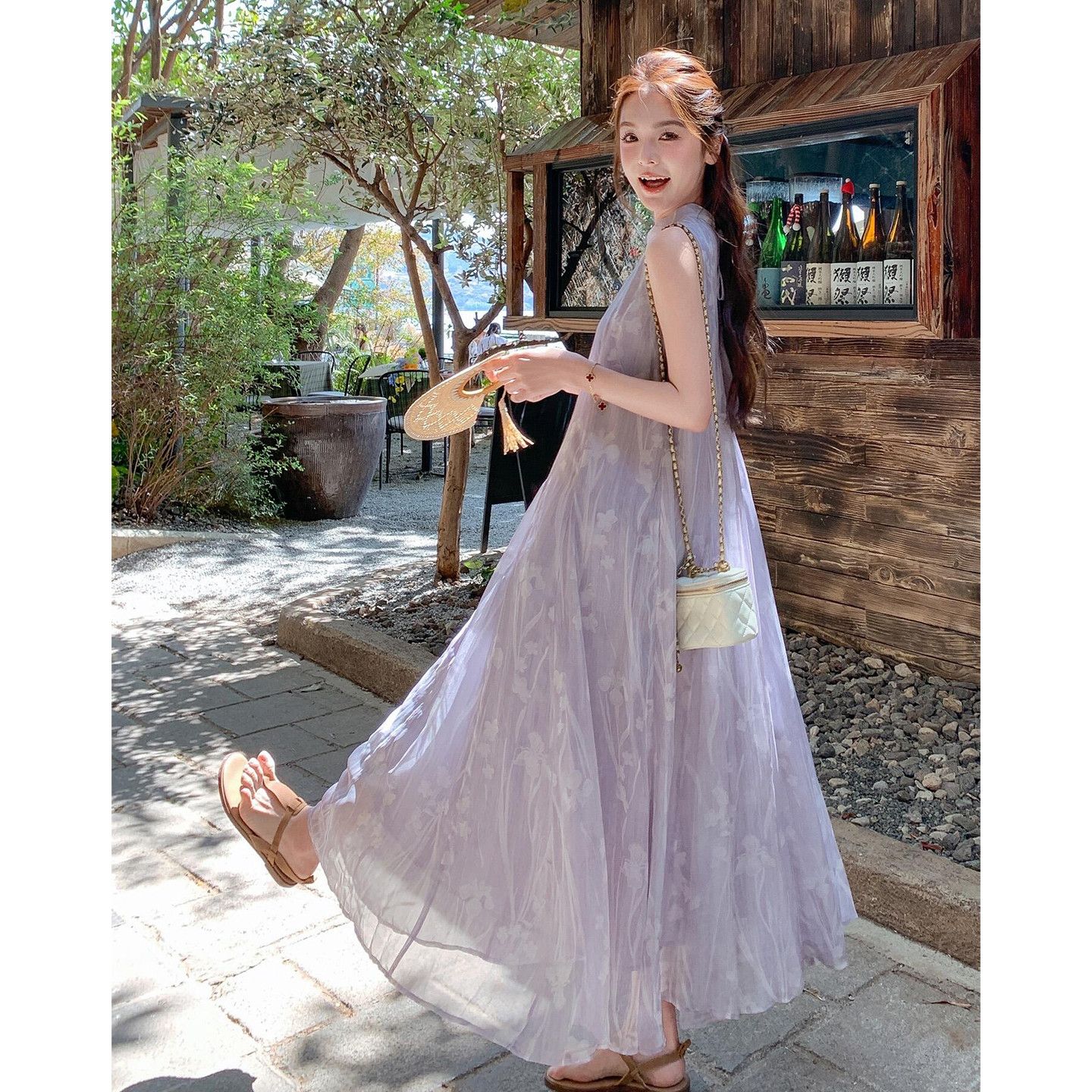 Women’s Chiffon Floral Print Sleeveless Halter Neck Long Dress with Lining