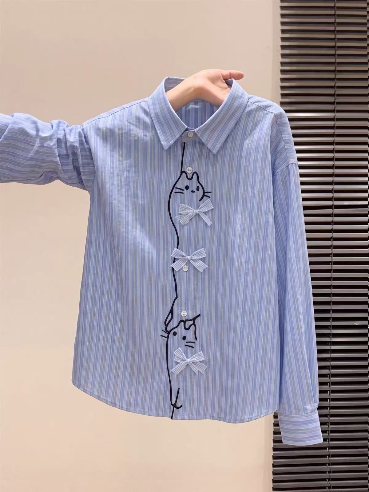 Women's Cartoon Embroidered Plaid Long Sleeve Shirt - Image 2