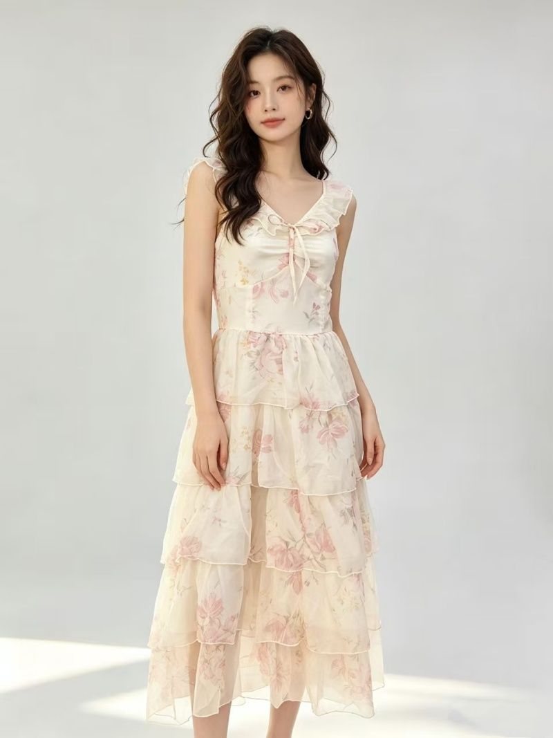 New Large Hem Vacation Floral Cake Dress Long Summer Fairy Style Best Seller
