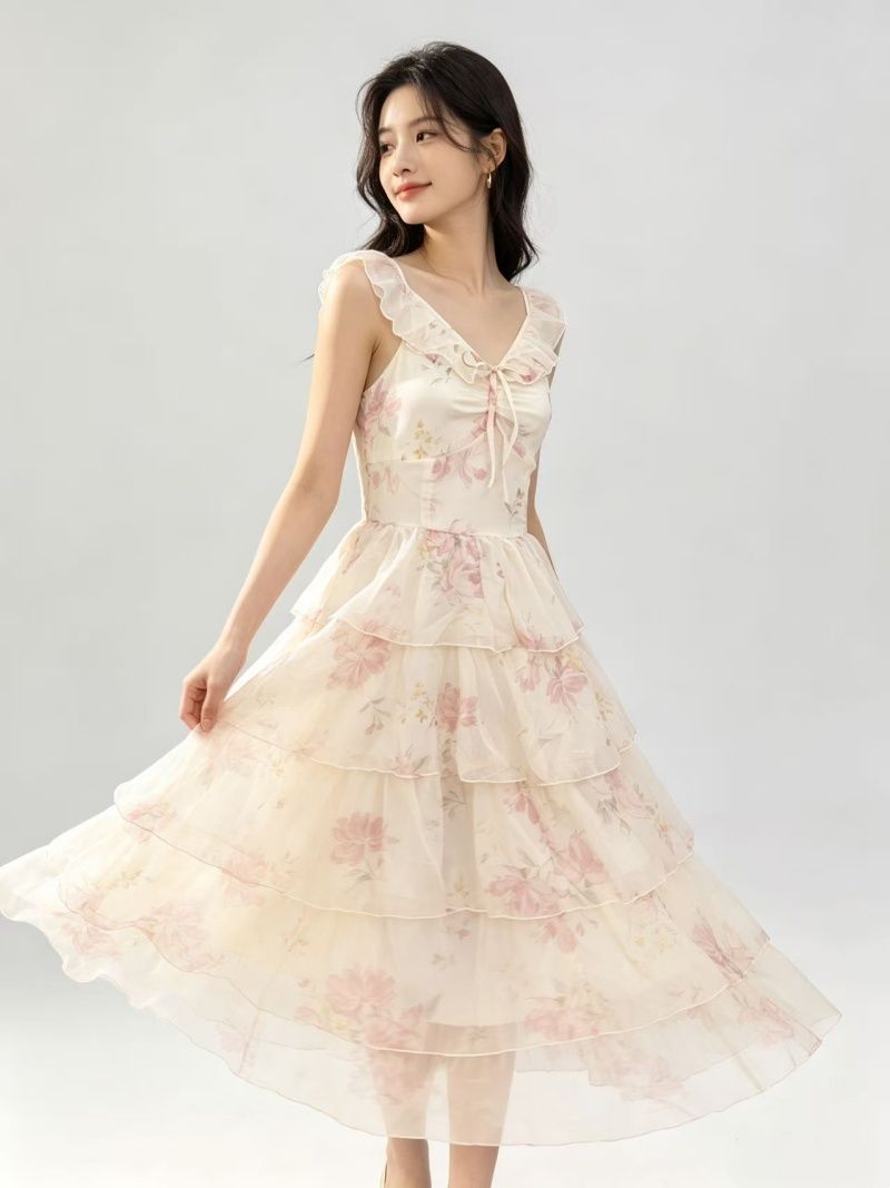 New Large Hem Vacation Floral Cake Dress Long Summer Fairy Style Best Seller