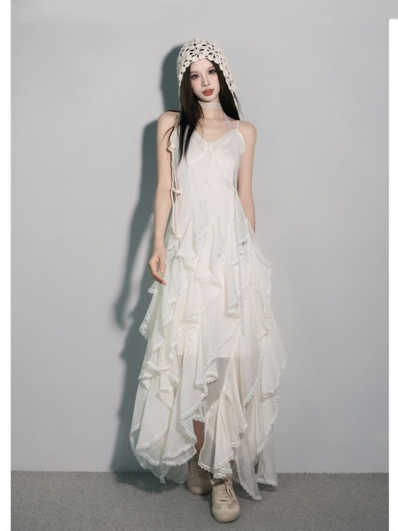 Elegant White V-Neck Sleeveless Chiffon Dress for Women Summer Cinched Waist Vacation Beach Long Dress Fresh Solid