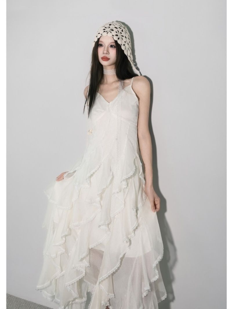Elegant White V-Neck Sleeveless Chiffon Dress for Women Summer Cinched Waist Vacation Beach Long Dress Fresh Solid