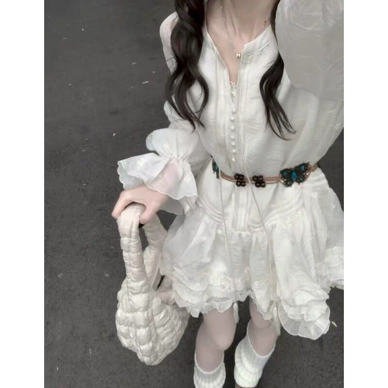 Women’s White Tiered Cake Dress with V Neck Long Sleeve Bell Sleeves and Tie Detail