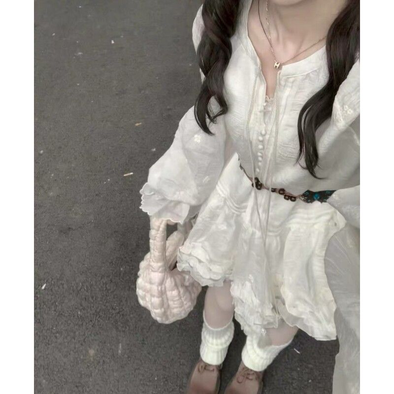 Women’s White Tiered Cake Dress with V Neck Long Sleeve Bell Sleeves and Tie Detail